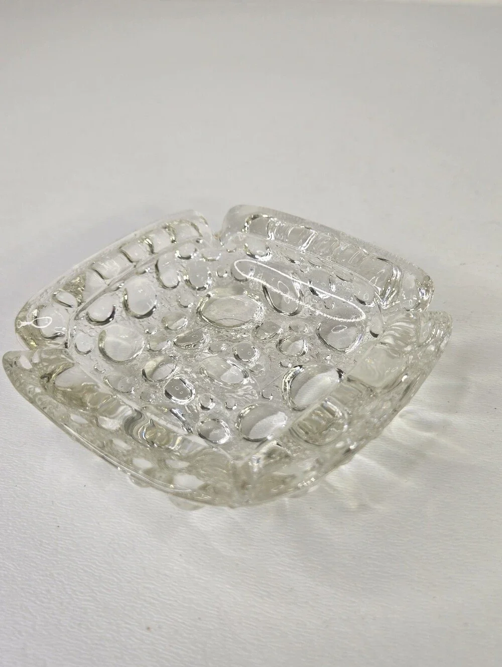 VTG Bubble Glass Ashtray Retro MCM 1960s Square Clear Glass Tray Raindrop